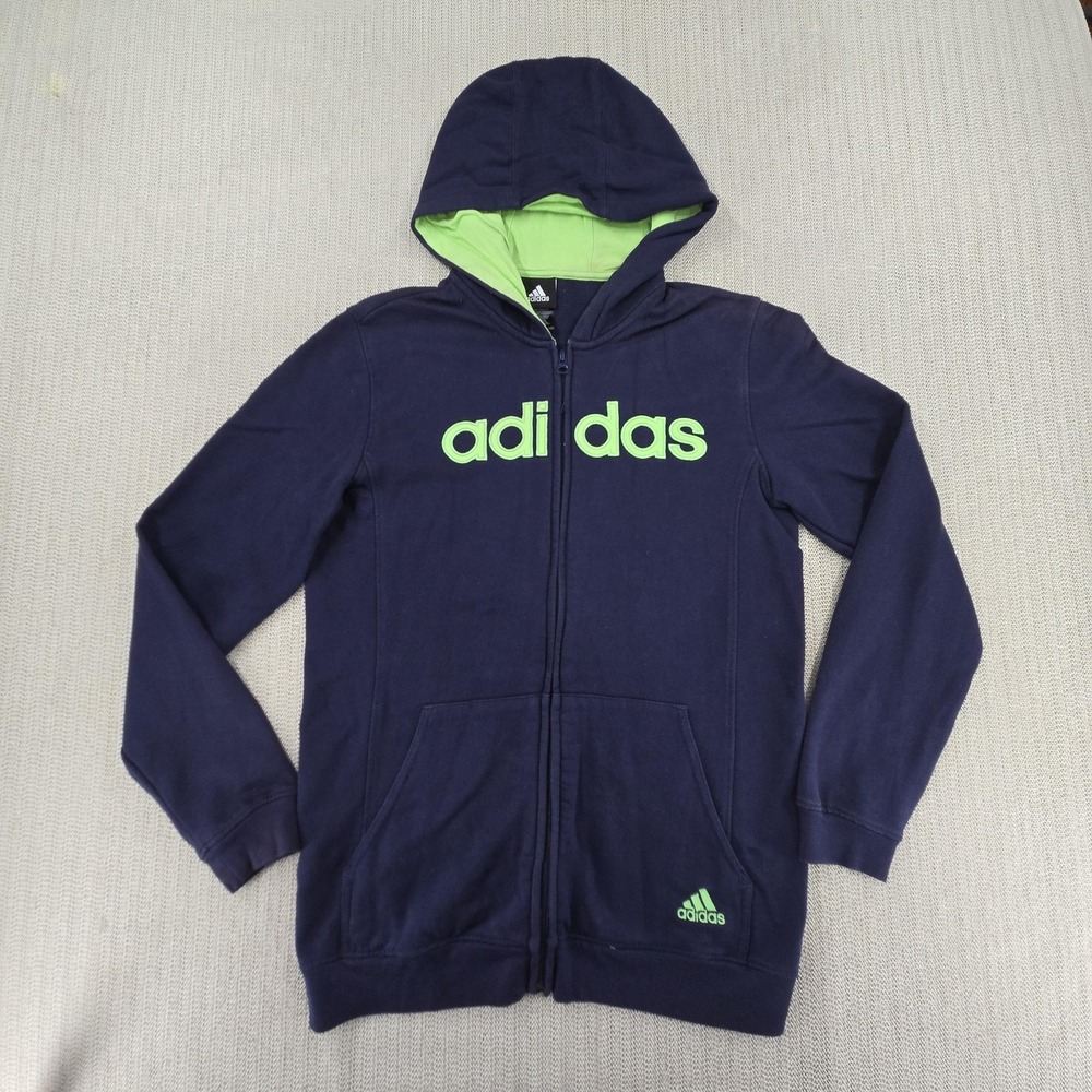 Adidas Hoodie Womens X-Large XL 18 Navy Green Logo Full Zip Fleece Sweatshirt